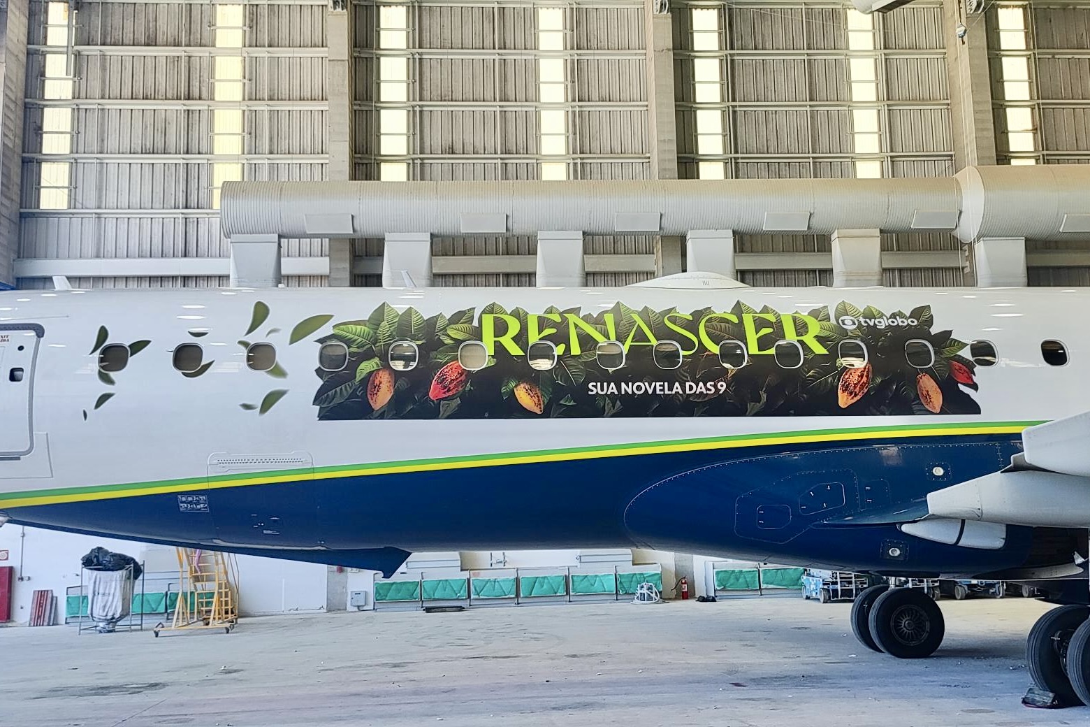 Azul adesiva aeronave para promover o lançamento da novela “Renascer”
